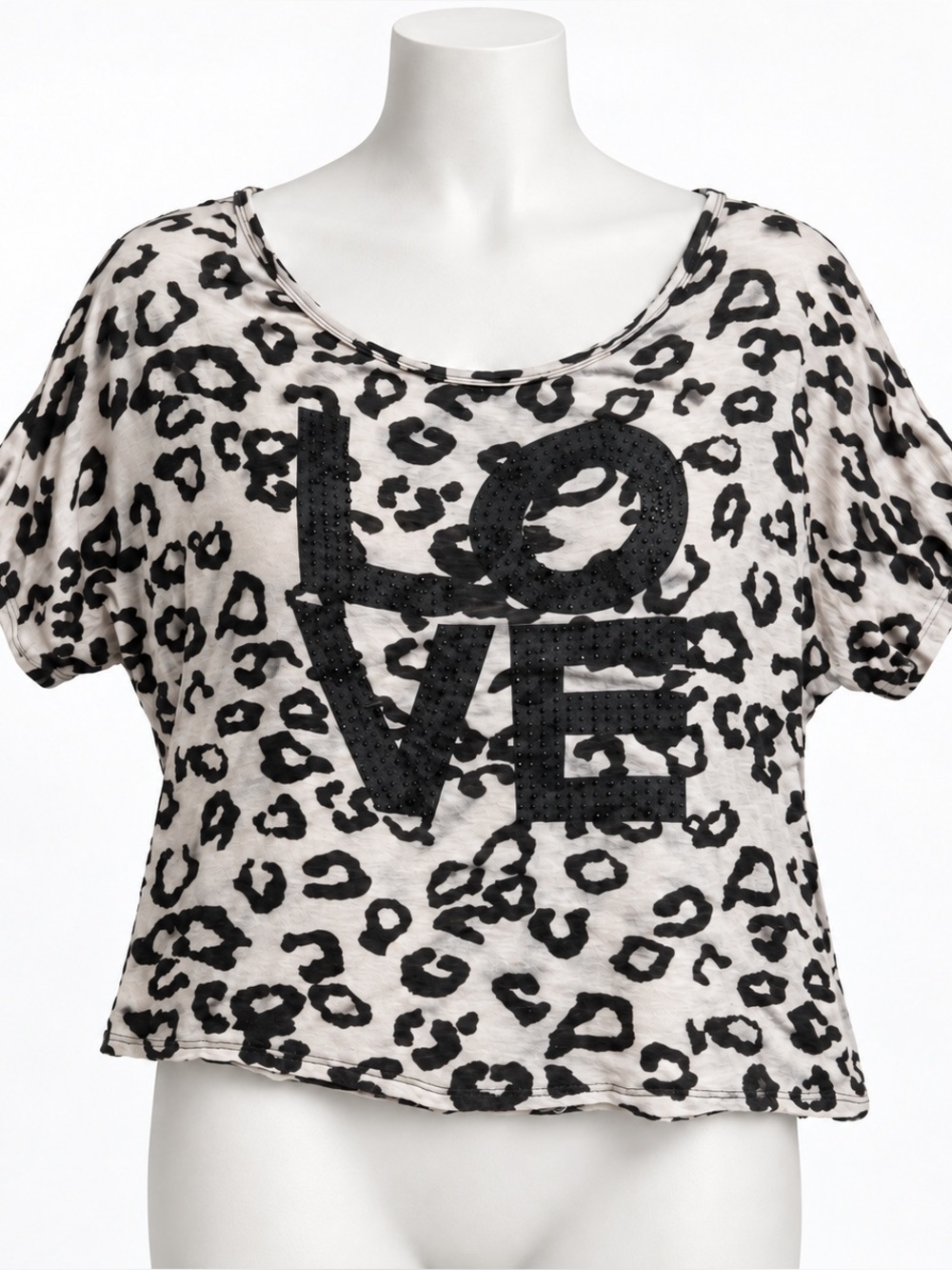 WET SEAL Y2K Leopard Graphic Rhinestone Embellished "LOVE" Batwing Blouse Top